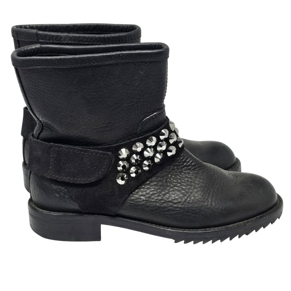 Pedro Garcia Kian Black Leather Swarovski Embellished Moto Boots, Women's 36 - Picture 3 of 7